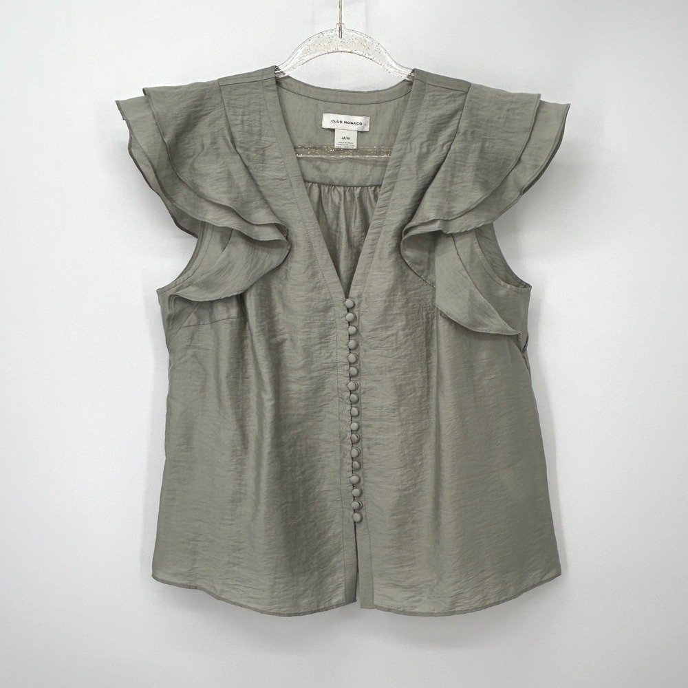 Club Monaco Womens Sage Green Ruffle Sleeve Button Front Blouse Size M - Picture 2 of 6